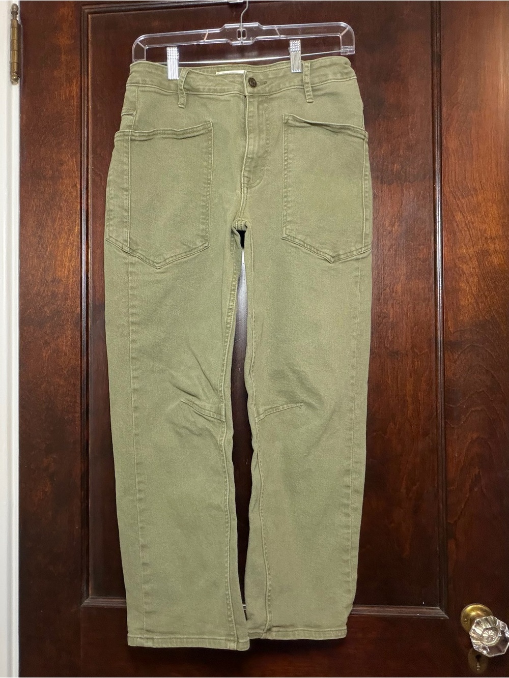 Vigoss Women’s Jeans Size 25 Barbie Barrel Leg Olive Green Denim Oversize Pocket